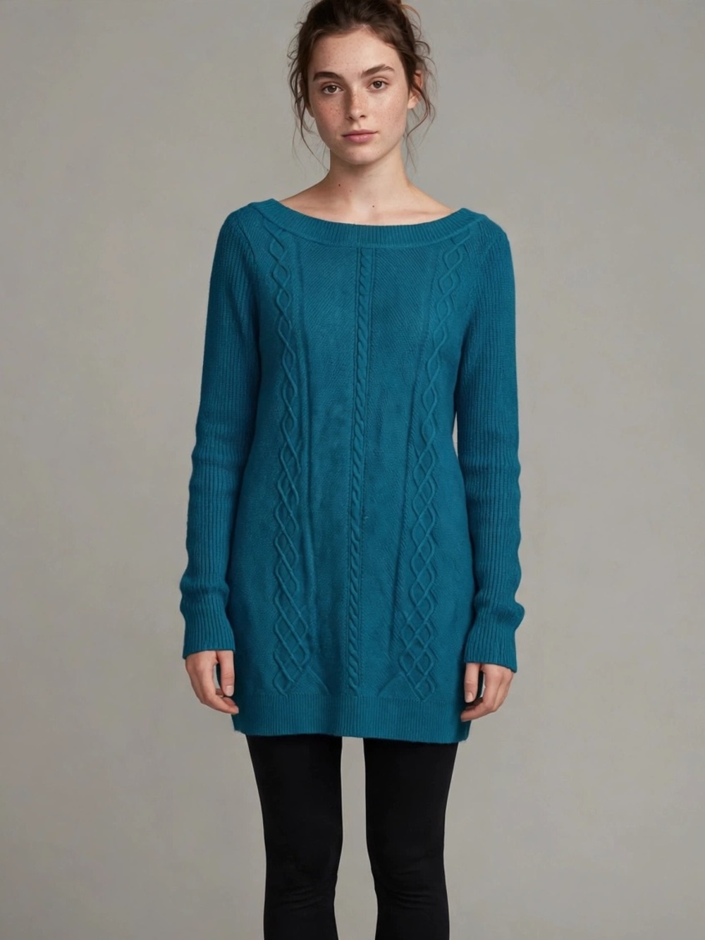 Cyrus Teal Cable-Knit Scoop Neck Sweater Tunic